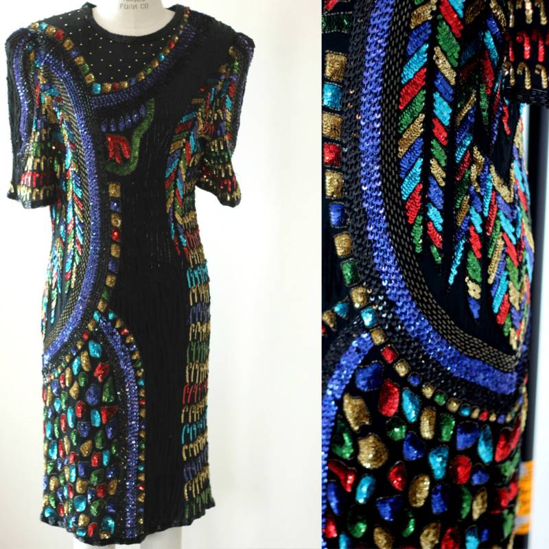 Sz L // Atemberaubende Art Deco Schwarze Pailletten Perlen Kleid Vintage Paillettenkleid von CatherineSimmsVtg