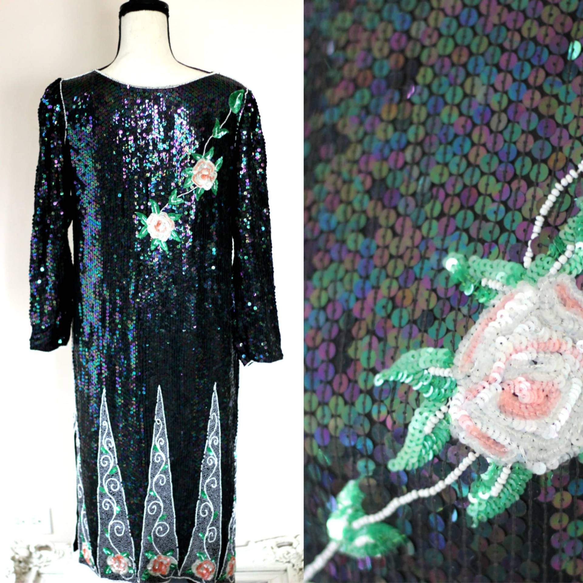Sz M//Vintage Flapper Stil //Sequin Dress Roses// Irisierende Pailletten Perlen Perlenbesatz von CatherineSimmsVtg