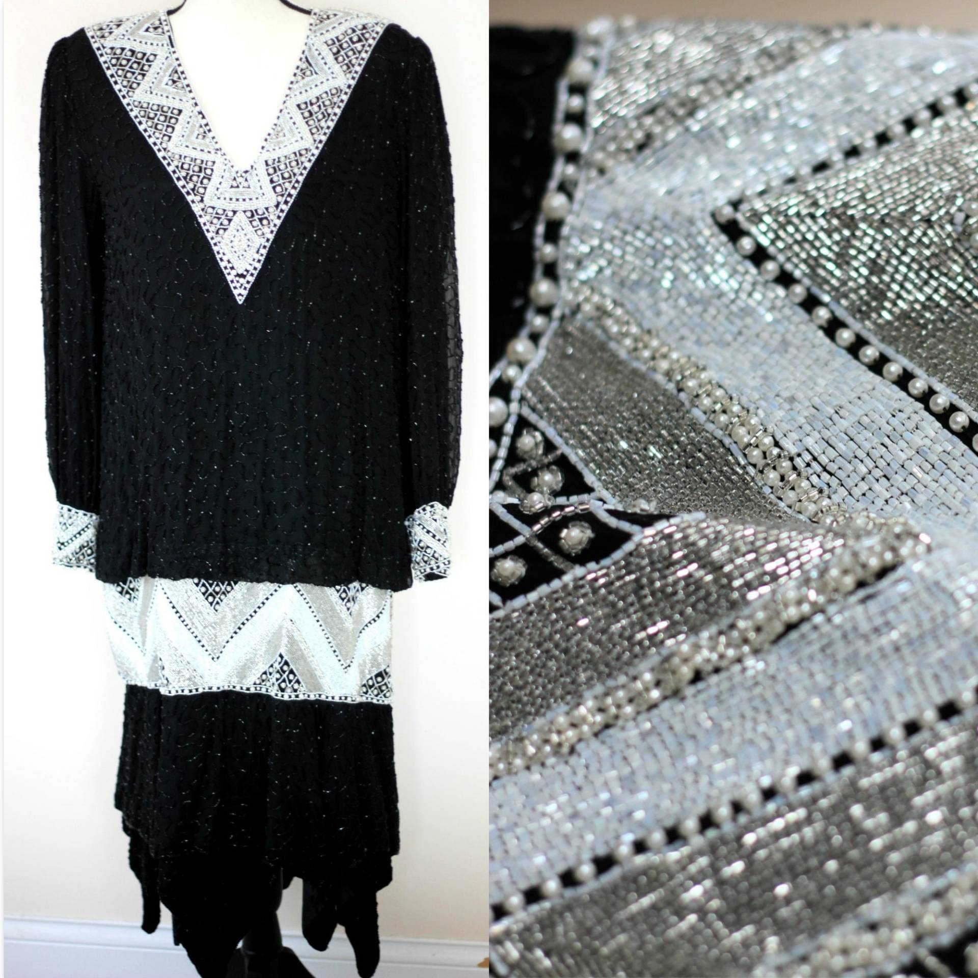 Sz M // Judith Ann Flapper Drop Saist Party Kleid Vintage Gatsby Style Schwarz & Silber von CatherineSimmsVtg