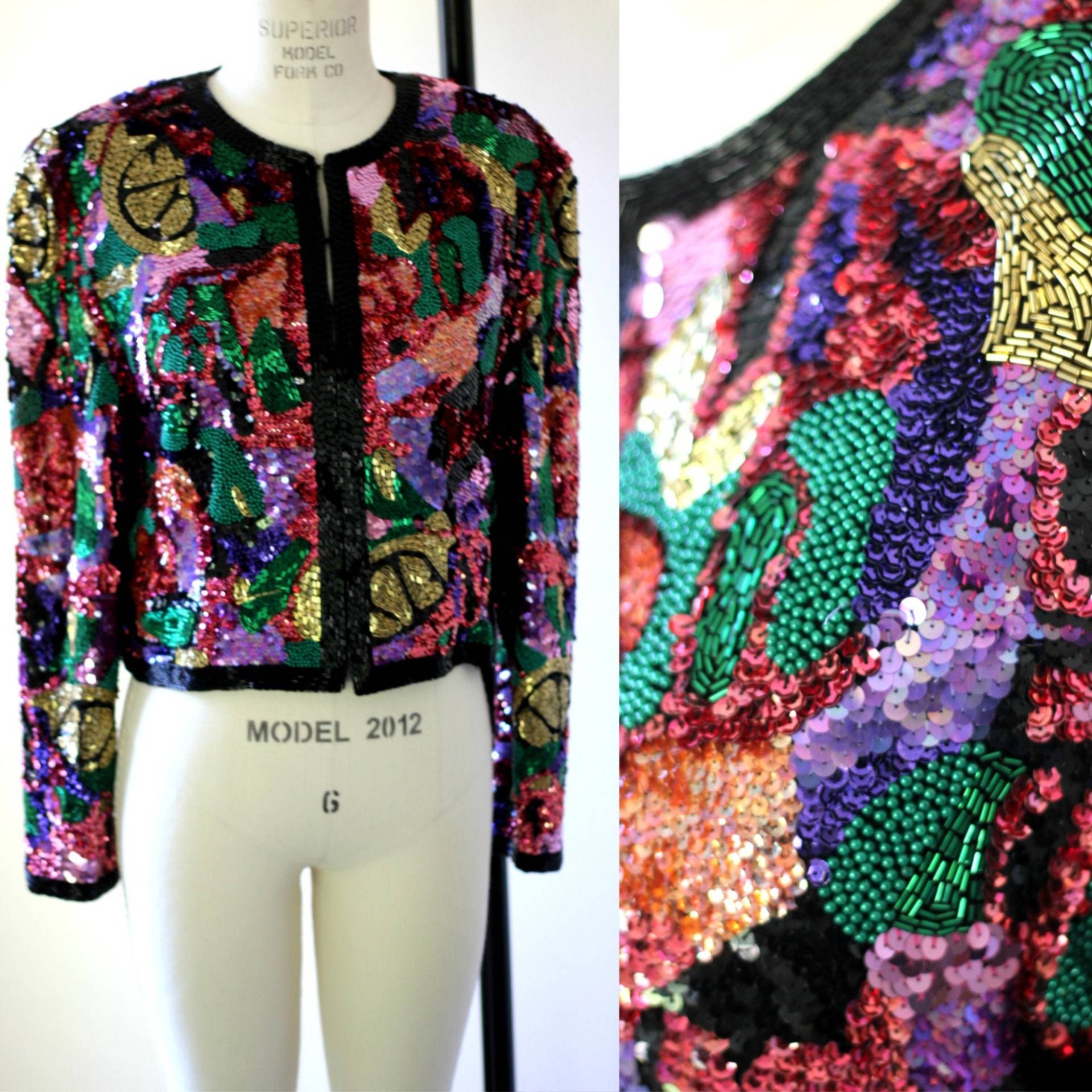 Sz M // Vintage Bunte Stark Wulstige Cassini Formale Jacke Perlenperlen Pailletten Seide von CatherineSimmsVtg