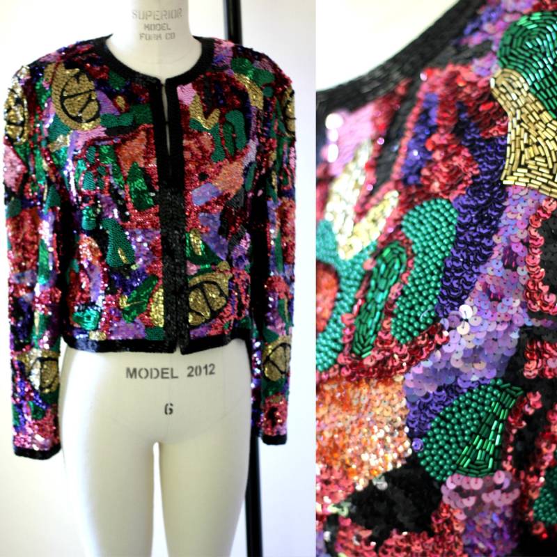 Sz M // Vintage Bunte Stark Wulstige Cassini Formale Jacke Perlenperlen Pailletten Seide von CatherineSimmsVtg