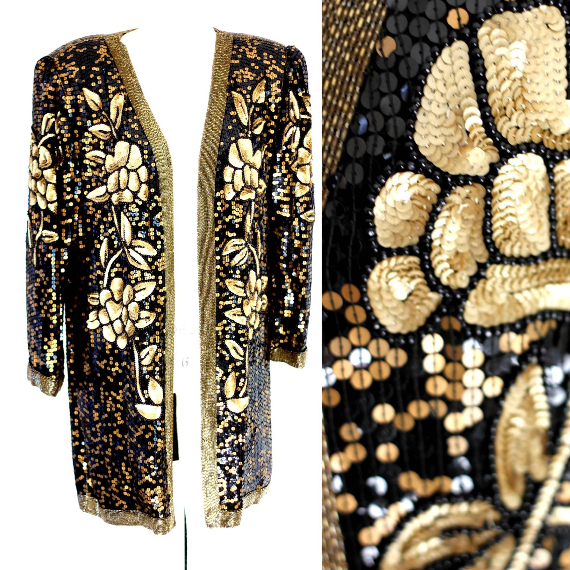 Sz S // Gold Floral & Leaf Pailletten Duster Schöne Perlen Vintage Jacke von CatherineSimmsVtg
