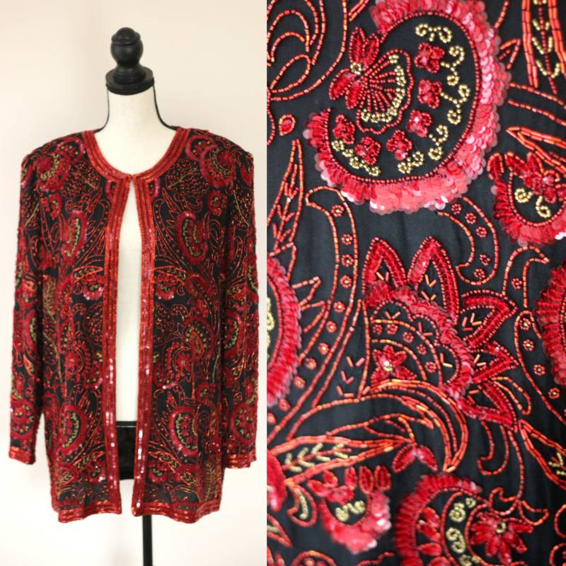 Sz Xl // Rote, Stark Perlenbesetzte Paisely Jacke Neiman Mark Long Gemusterte Perlen von CatherineSimmsVtg