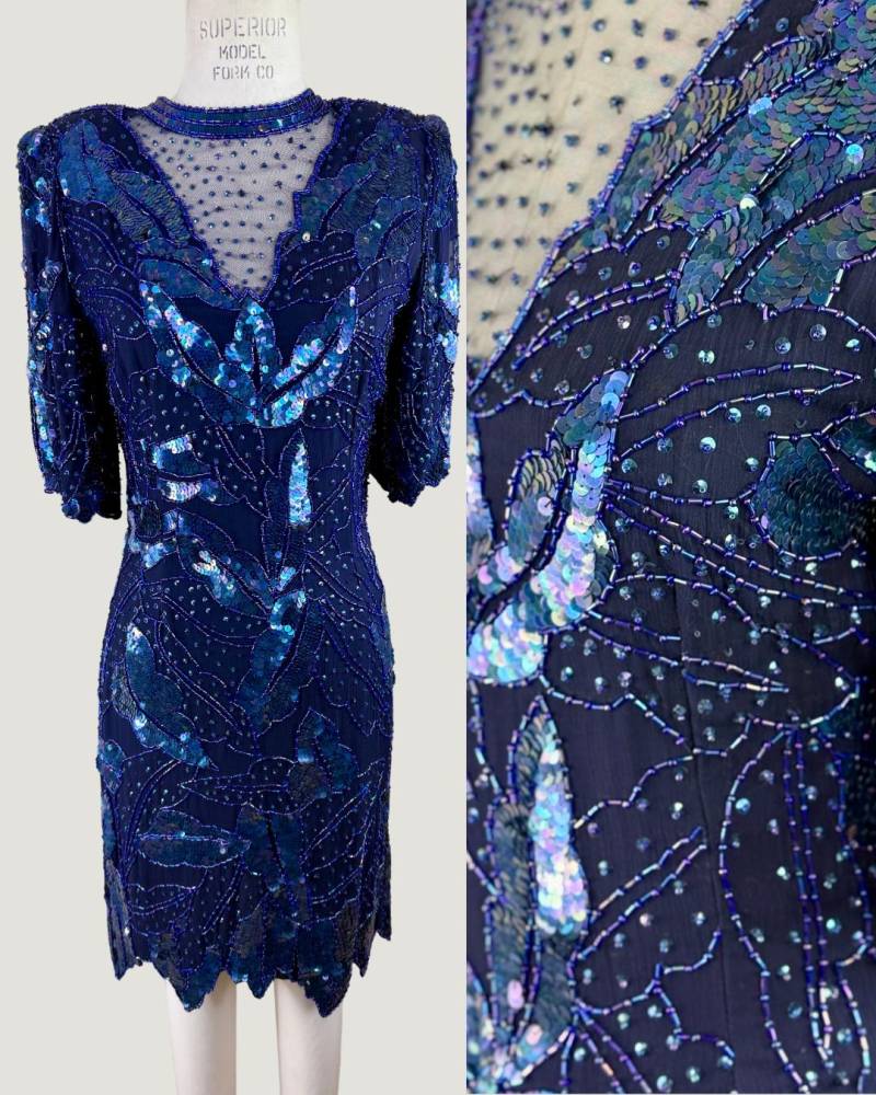 Sz Xs // Atemberaubender Blauer Ausschnitt? Navy Pailletten-Perlenkleid Judith Ann Beads von CatherineSimmsVtg