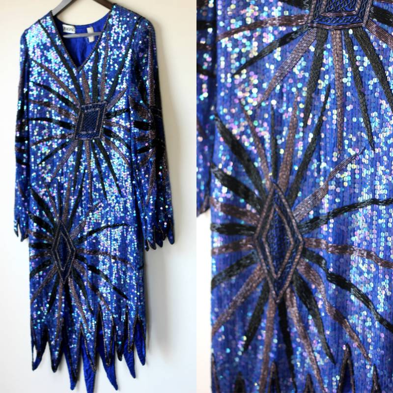 Sz Xs // Royalblau Perlen Starburst Paillettenkleid Etuikleid Im Flapper-Stil von CatherineSimmsVtg