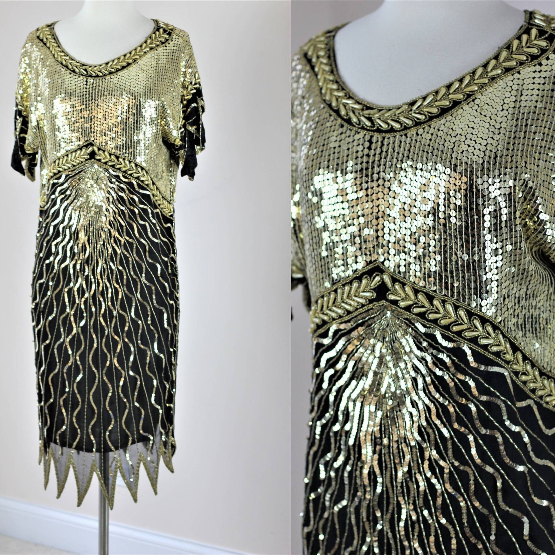 Sz Xs // Vtg Pailletten Gatsby Kleid Perlen 80Er Flapper Style von CatherineSimmsVtg