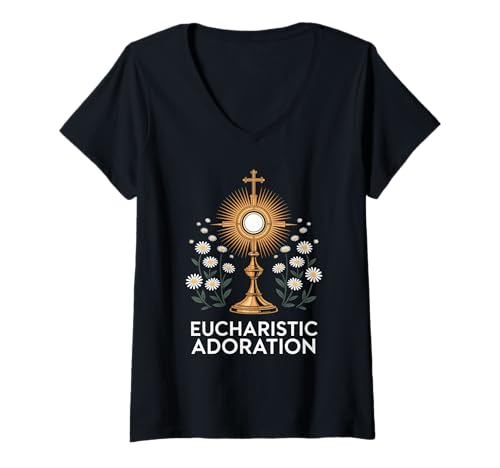 Damen Florale Eucharistische Anbetung katholisch T-Shirt mit V-Ausschnitt von Catholic Blessed Sacrament Monstrance