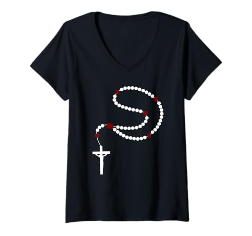 Damen Katholischer Rosenkranz Perlen Kruzifix christlicher Glaube T-Shirt mit V-Ausschnitt von Catholic Faith Rosary