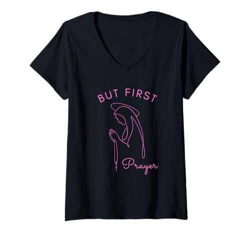Damen But First Prayer, minimalistisches Design in Rosa T-Shirt mit V-Ausschnitt Damen But First Prayer, minimalistisches Design in Rosa T-Shirt mit V-Ausschnitt von Catholic Girls Clothing