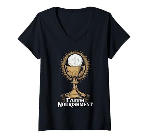 Damen Glaube, Ernährung, Eucharistischer Kelch T-Shirt mit V-Ausschnitt Damen Glaube, Ernährung, Eucharistischer Kelch T-Shirt mit V-Ausschnitt von Catholic Holy Communion Gifts