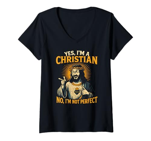 Damen Christlicher Humor Not Perfect Cool Herren Religiöser Glaube T-Shirt mit V-Ausschnitt von Catholic Holy Humor Christian Spiritual Clothing