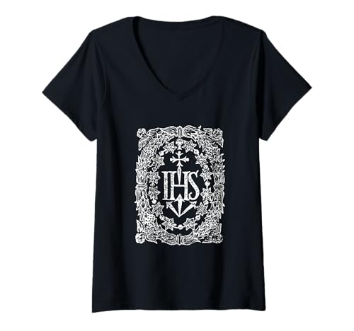 Damen IHS Christogramm Jesus Christus katholisch christlich T-Shirt mit V-Ausschnitt Damen IHS Christogramm Jesus Christus katholisch christlich T-Shirt mit V-Ausschnitt von Catholic Saint