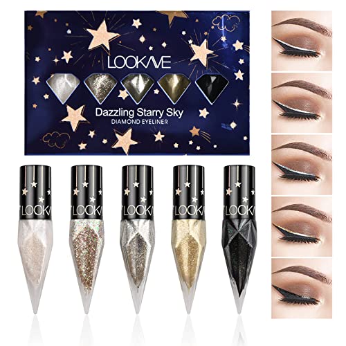 5 Farben Diamant Flüssiger Eyeliner Glitzer Set, Metallic Schimmer Liquid Eyeliner, Langlebiger Wasserdichter Sparkling Eyeliner Set, Glitzernder Lidschatten Set für Party Festival Makeup (B) von Catime