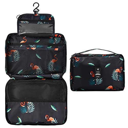 Kulturtasche zum Aufhängen, Reise Kosmetiktasche wasserdichte mit 4 Fächern, Makeup Tasche Groß, Faltbare Waschtasche Schminktasche, Tragbare Kulturbeutel für Damen Herren Kinder (Schwarz Flamingo) von Catime