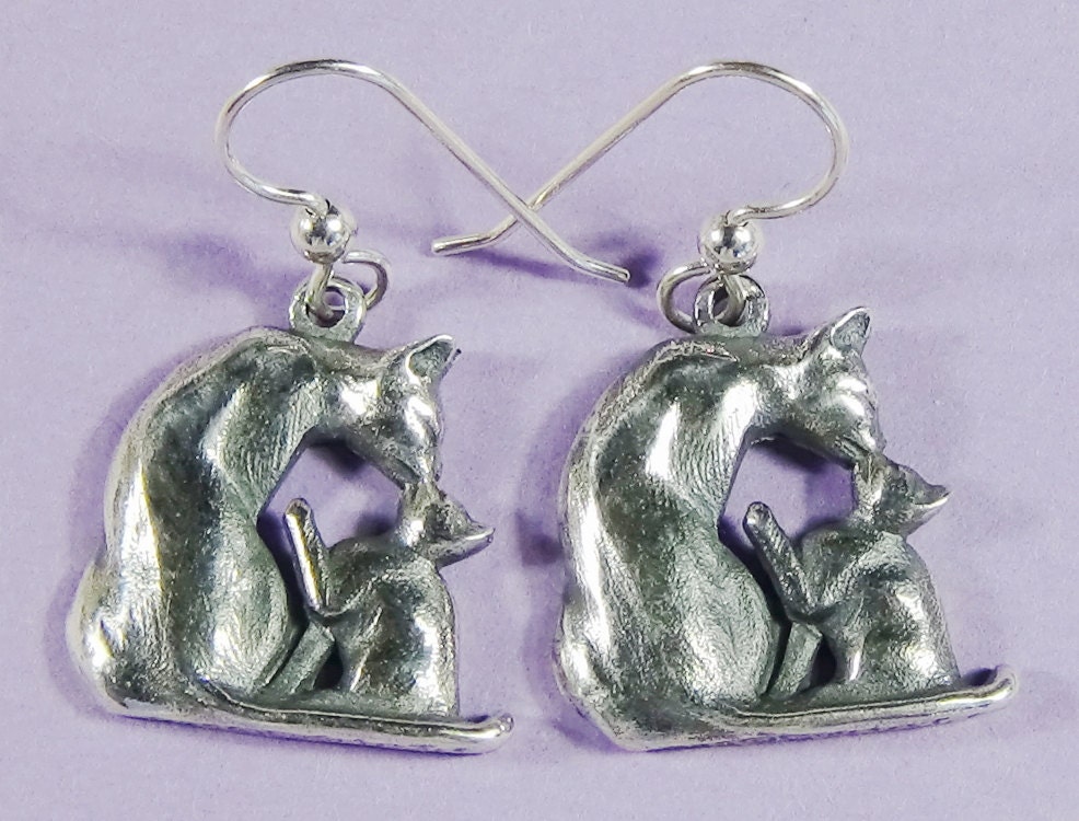 Katze Und Kätzchen Durchbohrte Ohrringe, Katzenliebhaber Silber Schmuck, Sterling Mutter N Geschenk Für Sie, Schmuck von CatofMine