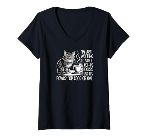 Damen Moody Cat Coffee Lustiges Morgengefühl T-Shirt mit V-Ausschnitt Damen Moody Cat Coffee Lustiges Morgengefühl T-Shirt mit V-Ausschnitt von Catpuccino Vibes Apparel Gifts by Anastasia