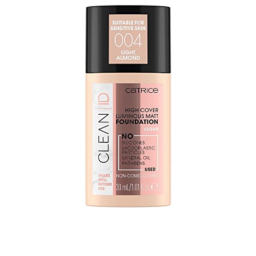 Catrice Clean ID High Cover Luminous Matt Foundation, Make Up, Nr. 004 Light Almond, nude, für sensible Haut, porenverfeinernd, für sensible Augen, Haut, natürlich, vegan, ohne Parfüm (30ml) von Catrice