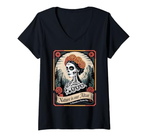 Damen Dia de los Muertos Catrina für Nationalparkprotektoren T-Shirt mit V-Ausschnitt Damen Dia de los Muertos Catrina für Nationalparkprotektoren T-Shirt mit V-Ausschnitt von Catrina Flowers - Nature Altar US National Parks