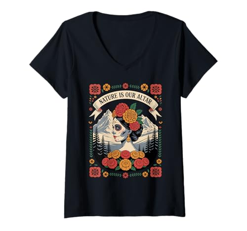 Damen Mexikanisch-amerikanische Catrina Nature Altar Dia de los Muertos T-Shirt mit V-Ausschnitt Damen Mexikanisch-amerikanische Catrina Nature Altar Dia de los Muertos T-Shirt mit V-Ausschnitt von Catrina Flowers - Nature Altar US National Parks