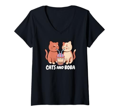 Damen Cats and Boba Tea - Lustige Katze T-Shirt mit V-Ausschnitt Damen Cats and Boba Tea - Lustige Katze T-Shirt mit V-Ausschnitt von Cats And Boba Tea