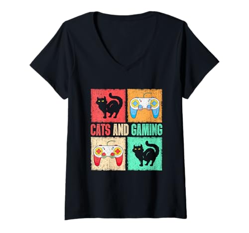 Damen Cats and Gaming Funny for Gamer Cat Lover Cat T-Shirt mit V-Ausschnitt Damen Cats and Gaming Funny for Gamer Cat Lover Cat T-Shirt mit V-Ausschnitt von Cats And Gaming Funny For Gamer Cat Lovers