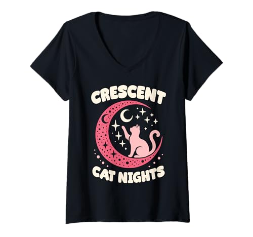 Damen Crescent Cat Nights Design Süße Katze auf Mond T-Shirt mit V-Ausschnitt Damen Crescent Cat Nights Design Süße Katze auf Mond T-Shirt mit V-Ausschnitt von Cats Astronomy Lover