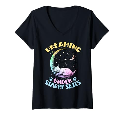 Damen Dreaming Under Starry Skies Katze schläft auf Mond T-Shirt mit V-Ausschnitt Damen Dreaming Under Starry Skies Katze schläft auf Mond T-Shirt mit V-Ausschnitt von Cats Astronomy Lover