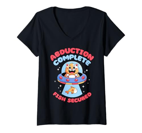 Damen Entführung Complete Fish Secured Cute Cat UFO T-Shirt mit V-Ausschnitt Damen Entführung Complete Fish Secured Cute Cat UFO T-Shirt mit V-Ausschnitt von Cats Astronomy Lover