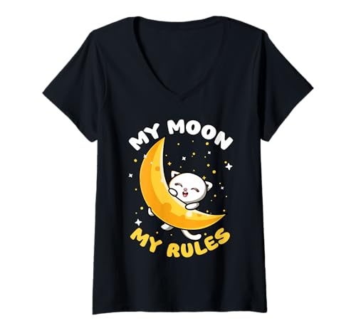 Damen Mein Mond Meine Regeln Süße Katze Kawaii T-Shirt mit V-Ausschnitt Damen Mein Mond Meine Regeln Süße Katze Kawaii T-Shirt mit V-Ausschnitt von Cats Astronomy Lover