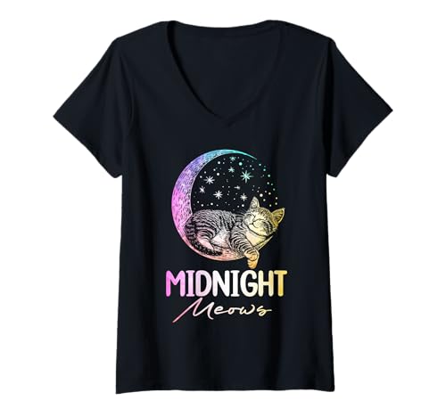 Damen Midnight Meows Schläfrige Katze auf dem Mond T-Shirt mit V-Ausschnitt Damen Midnight Meows Schläfrige Katze auf dem Mond T-Shirt mit V-Ausschnitt von Cats Astronomy Lover