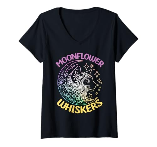 Damen Moonflower Whiskers Moon Cat Art Grafik T-Shirt mit V-Ausschnitt Damen Moonflower Whiskers Moon Cat Art Grafik T-Shirt mit V-Ausschnitt von Cats Astronomy Lover