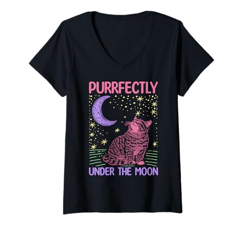 Damen Perfekt Under The Moon Cat T-Shirt mit V-Ausschnitt Damen Perfekt Under The Moon Cat T-Shirt mit V-Ausschnitt von Cats Astronomy Lover