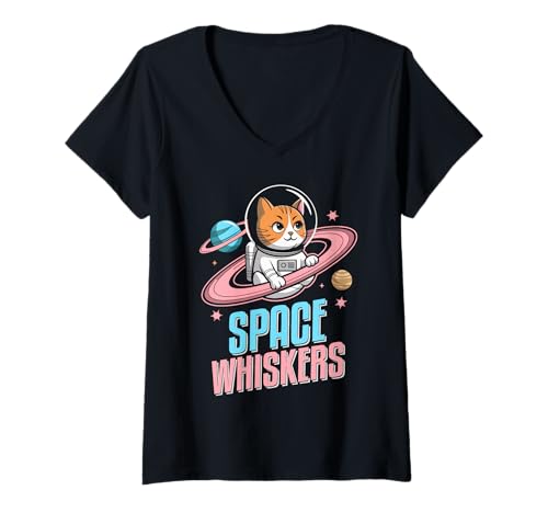 Damen Space Whiskers Astronauten-Katze, Galaxie, niedliches kosmisches Kätzchen T-Shirt mit V-Ausschnitt Damen Space Whiskers Astronauten-Katze, Galaxie, niedliches kosmisches Kätzchen T-Shirt mit V-Ausschnitt von Cats Astronomy Lover