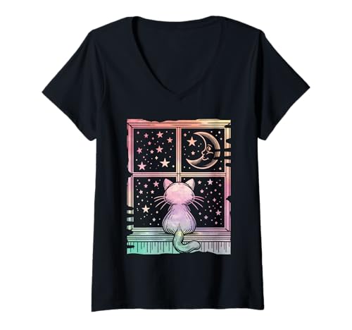 Damen Süße Katze, die Mond und Sterne beobachtet T-Shirt mit V-Ausschnitt Damen Süße Katze, die Mond und Sterne beobachtet T-Shirt mit V-Ausschnitt von Cats Astronomy Lover