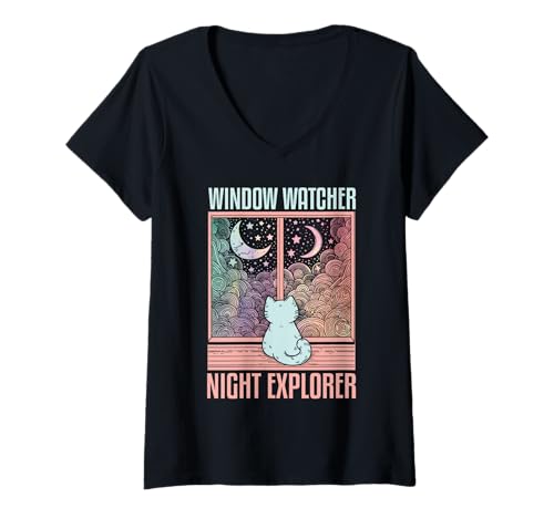 Damen Window Watcher Night Explorer Katze Mond Kunst T-Shirt mit V-Ausschnitt Damen Window Watcher Night Explorer Katze Mond Kunst T-Shirt mit V-Ausschnitt von Cats Astronomy Lover