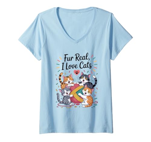 Damen Verspielte Katzen und Garnknäuel, niedliches Cartoon-Design T-Shirt mit V-Ausschnitt Damen Verspielte Katzen und Garnknäuel, niedliches Cartoon-Design T-Shirt mit V-Ausschnitt von Cats Cute Cartoon Design