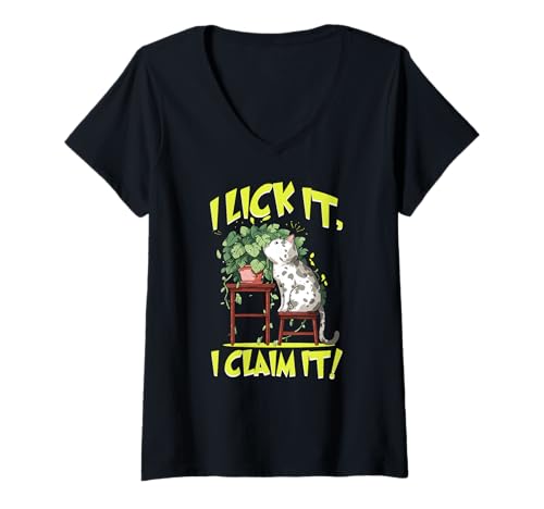Damen I Lick It I T-Shirt mit V-Ausschnitt von Cats Lick Claim Cat Kitten Feline Whiskers Purr