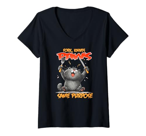 Damen Fork, Knives paws same purpose T-Shirt mit V-Ausschnitt Damen Fork, Knives paws same purpose T-Shirt mit V-Ausschnitt von Cats Paws Knives Purpose Food Testing Taste Kitten