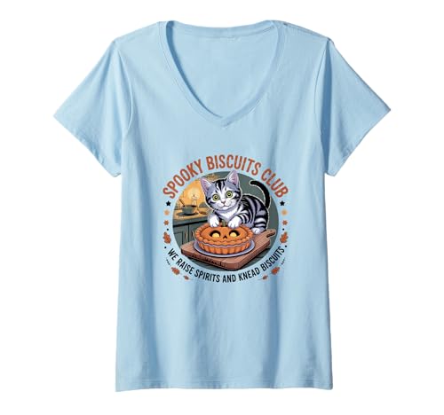 Damen Lustige Halloween-Katzen-Spooky Biscuits Club T-Shirt mit V-Ausschnitt Damen Lustige Halloween-Katzen-Spooky Biscuits Club T-Shirt mit V-Ausschnitt von Cats and Baking Pumpkin Pie