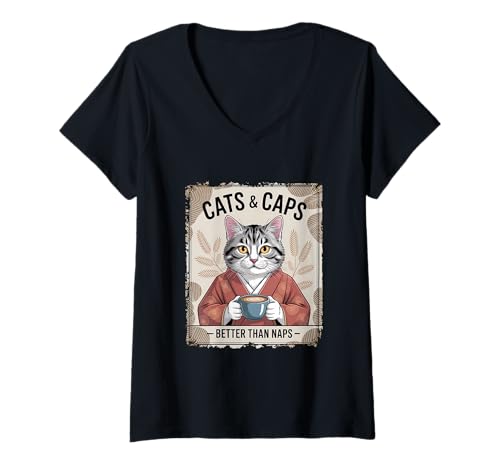 Damen Cats and Caps Besser als Naps Coffee Lover T-Shirt mit V-Ausschnitt Damen Cats and Caps Besser als Naps Coffee Lover T-Shirt mit V-Ausschnitt von Cats and Caps Designs