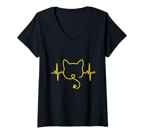 Damen Katze Herzschlag niedlich T-Shirt mit V-Ausschnitt von Cats and Co