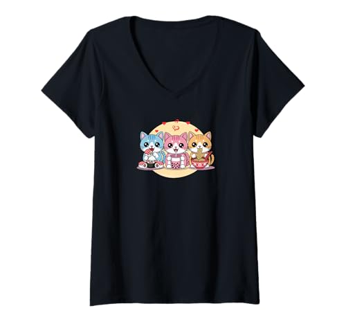 Damen Cute Cat Poster Kitty Cat Pet Sushi Noodle Bowl T-Shirt mit V-Ausschnitt Damen Cute Cat Poster Kitty Cat Pet Sushi Noodle Bowl T-Shirt mit V-Ausschnitt von Cats and Music Everywhere DearPrint