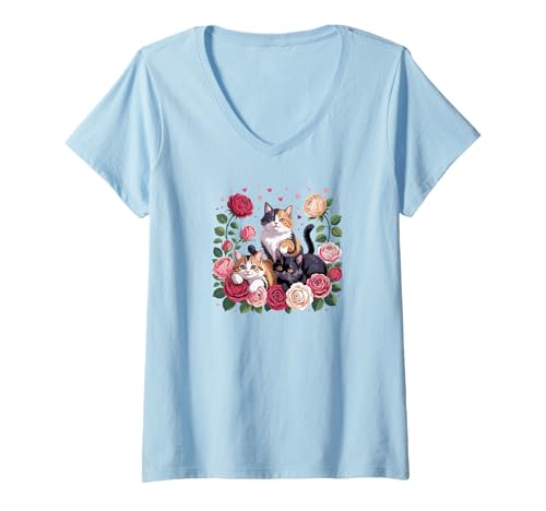 Damen Cute Cat Poster Kitty Cat Pet T-Shirt mit V-Ausschnitt Damen Cute Cat Poster Kitty Cat Pet T-Shirt mit V-Ausschnitt von Cats and Music Everywhere DearPrint
