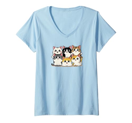 Damen Cute Cat Poster Kitty Cat Pet T-Shirt mit V-Ausschnitt von Cats and Music Everywhere DearPrint