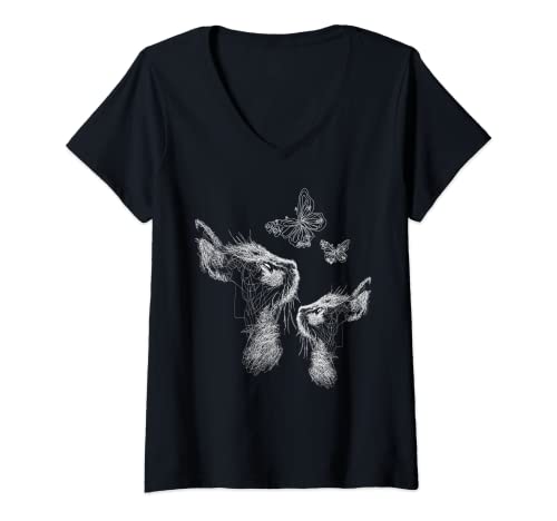 Damen Katze mit Kätzchen und Schmetterlingen, Scribble Art T-Shirt mit V-Ausschnitt von Cats by Fluffabulous Prints