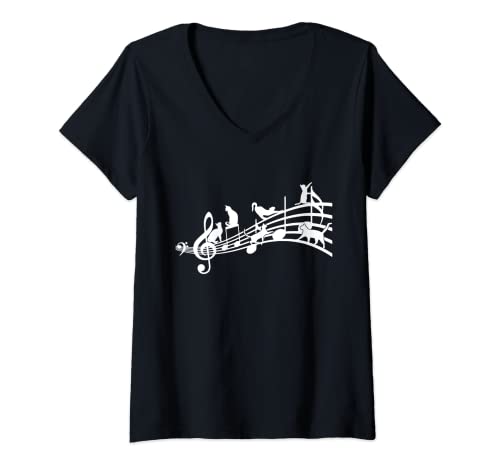 Damen Kleine niedliche lebhafte Musik-Katzen und Kätzchen toben auf Dauben T-Shirt mit V-Ausschnitt von Cats sheet music composer cat mom musician music