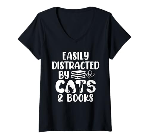 Damen Leicht abgelenkt von Katzen und Büchern – Tiere, Kätzchen, Bücherwurm T-Shirt mit V-Ausschnitt Damen Leicht abgelenkt von Katzen und Büchern – Tiere, Kätzchen, Bücherwurm T-Shirt mit V-Ausschnitt von Cats & Books Designs