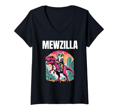 Damen Mewzilla Katze Dinosaurier T-Shirt mit V-Ausschnitt von Cats & Dinos