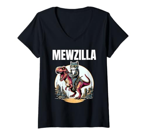 Damen Mewzilla Katze Dinosaurier T-Shirt mit V-Ausschnitt von Cats & Dinos