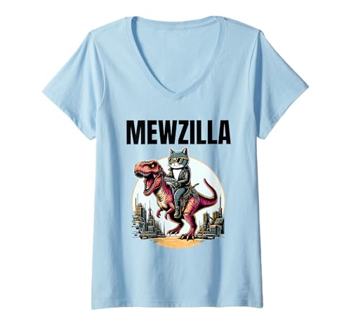 Damen Mewzilla Katze Dinosaurier T-Shirt mit V-Ausschnitt von Cats & Dinos